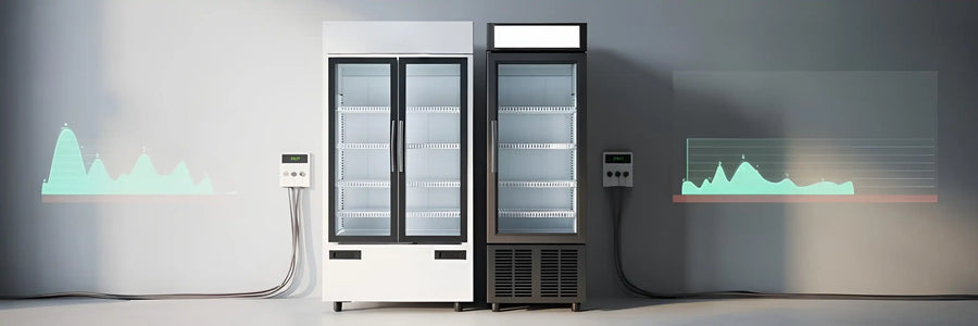 Kyl och frys bredvid varandra med elkablar och energigrafer som illustrerar skillnader i elförbrukning.