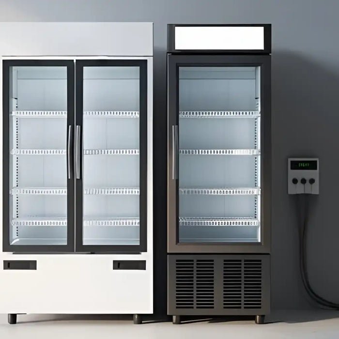 Kyl och frys bredvid varandra med elkablar och energigrafer som illustrerar skillnader i elförbrukning.