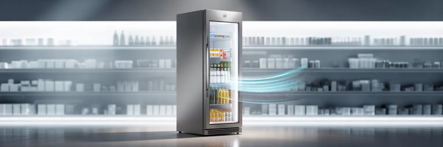 Energieffektiv displaykyl med glasdörr och luftflöde i butiksmiljö.