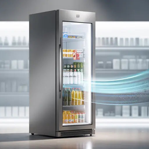 Energieffektiv displaykyl med glasdörr och luftflöde i butiksmiljö.