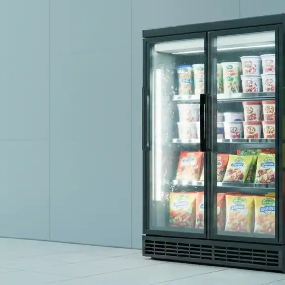 Butiksgång med glasdörrsfrysar och visuell energiskala A till G.