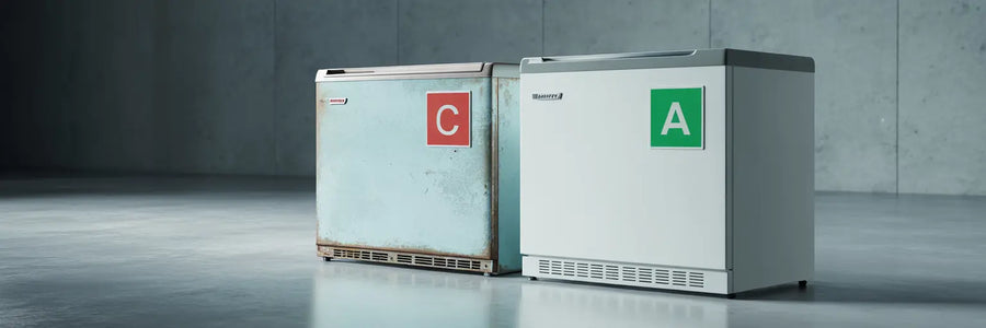 Två frysar sida vid sida, en äldre med energiklass C och en ny med energiklass A.