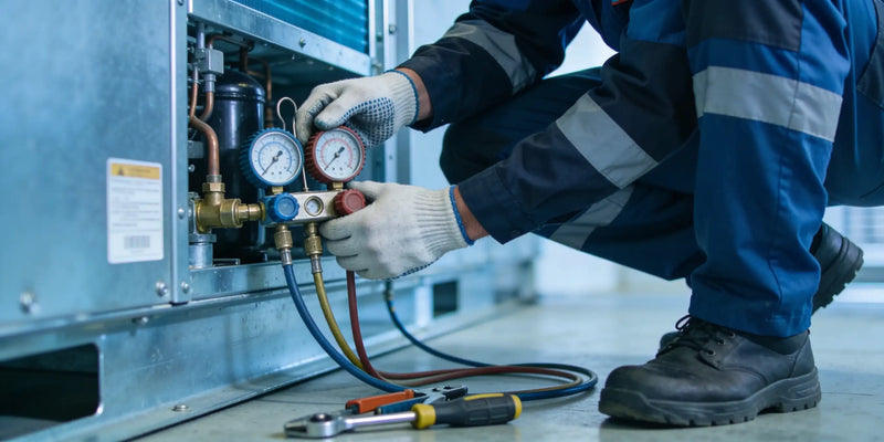 Certifierad kyltekniker ansluter manometrar till ett kylaggregat vid F-gas-service
