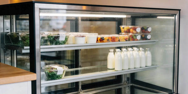 Kyl i café med datummärkta sallader, yoghurt, fruktbägare och mjölkflaskor sorterade enligt FEFO