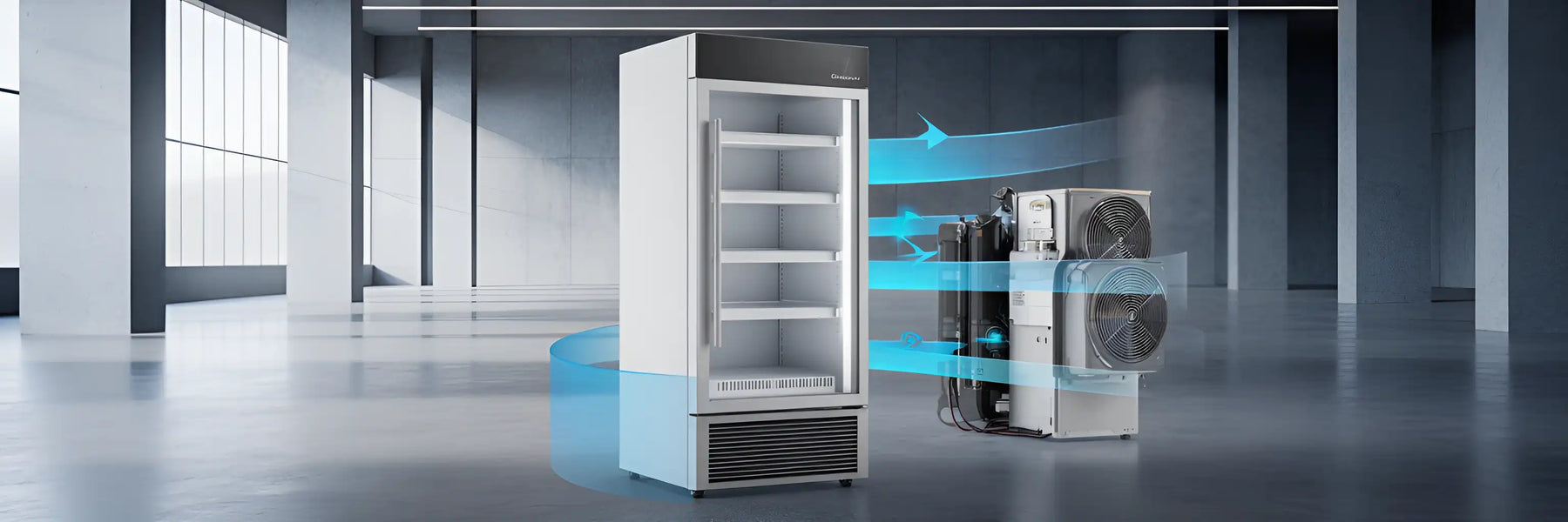 Frys med luftflöden och synliga kylkomponenter som visar hur frysen fungerar.