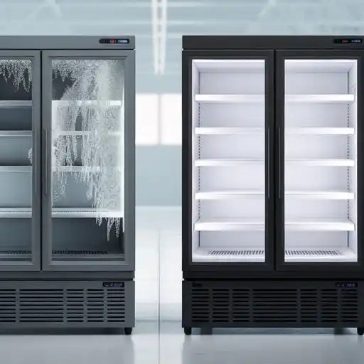 Jämförelse mellan två frysar där en har isbildning och den andra är helt frostfri.