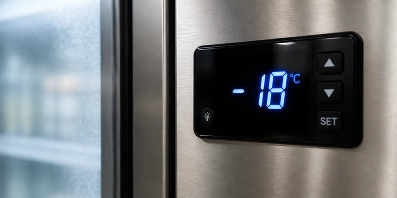 Närbild på digital temperaturpanel på frys som visar minus 18 grader