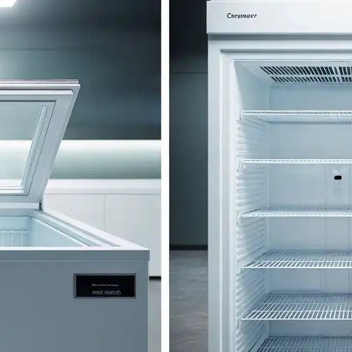 Öppen frysbox och öppen stående frys som visar skillnaden i förvaring och hyllor.