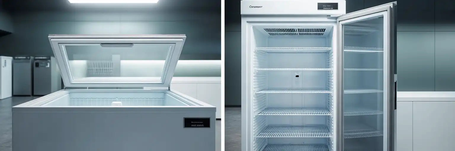 Öppen frysbox och en frys som visar skillnaden i förvaring och hyllor.