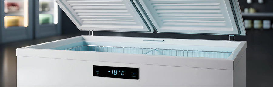 Öppen frys med display som visar rätt frys temperatur på -18 °C.