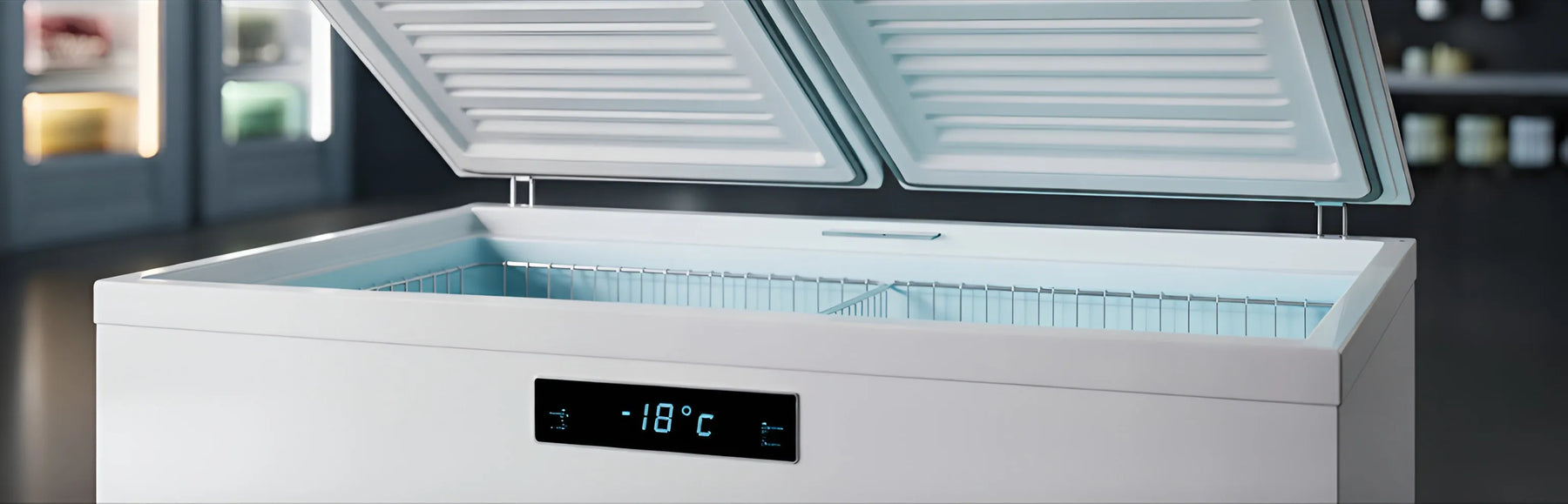 Öppen frys med display som visar rätt frys temperatur på -18 °C.