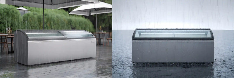 Frysbox utomhus i regn med skyddad och oskyddad placering