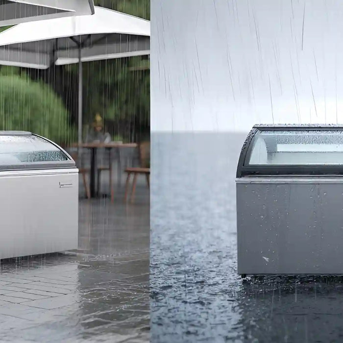 Frysbox utomhus i regn med skyddad och oskyddad placering