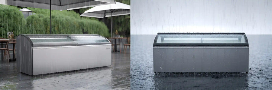Frysbox utomhus i regn med skyddad och oskyddad placering