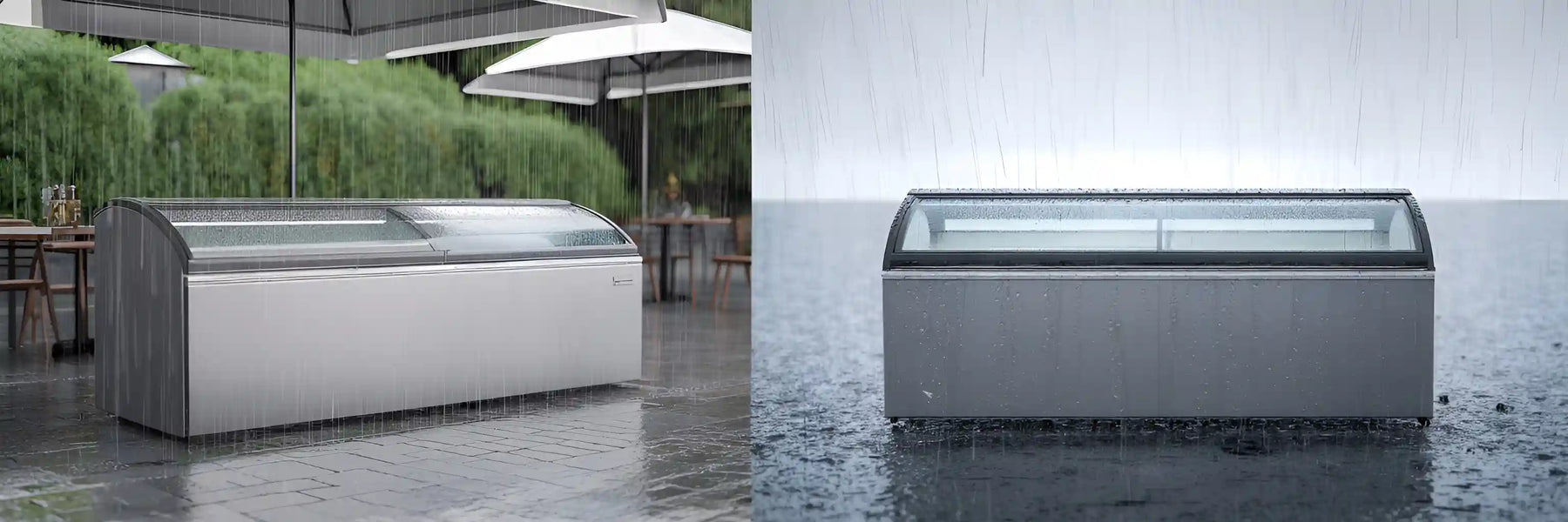 Frysbox utomhus i regn med skyddad och oskyddad placering