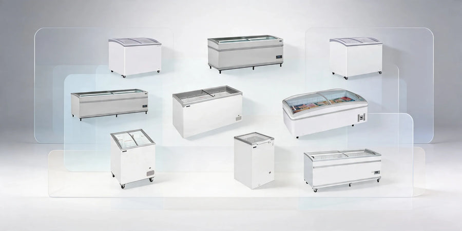 Översikt av nio vita frysboxar med glaslock i olika modeller och storlekar på ljus bakgrund