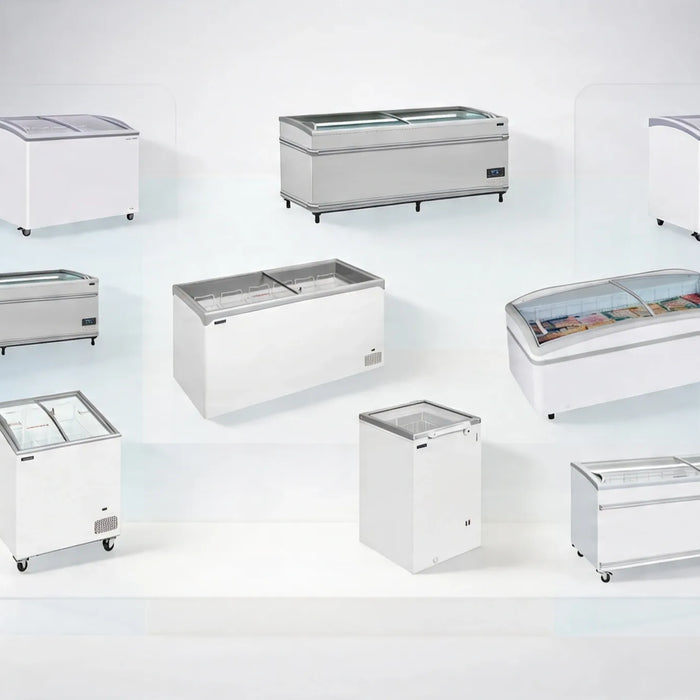 Översikt av nio vita frysboxar med glaslock i olika modeller och storlekar på ljus bakgrund