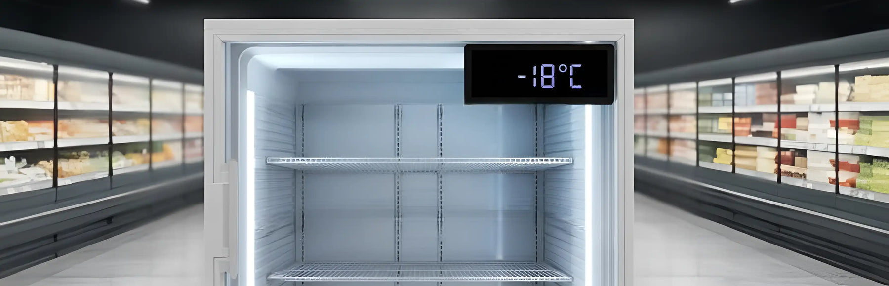 Frys i butik som visar optimal frys temperatur och rätt temp i frys