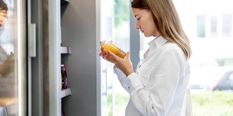 Kund läser innehållsförteckningen på en juiceflaska framför ett grab and go kylskåp.