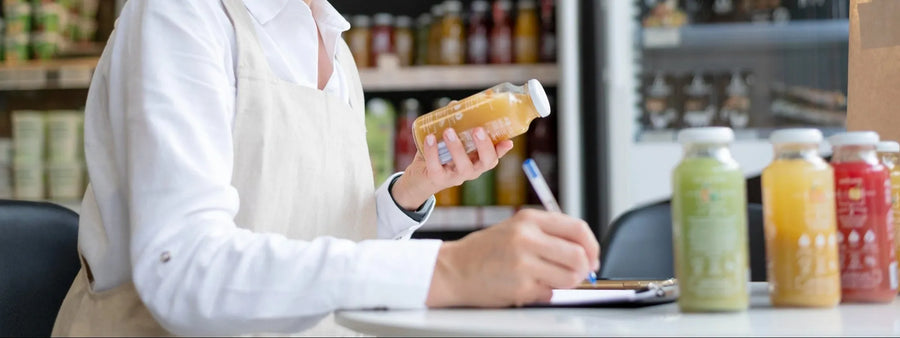 Butiksanställd kontrollerar och dokumenterar produkter som del av HACCP-rutiner i livsmedelsbutik