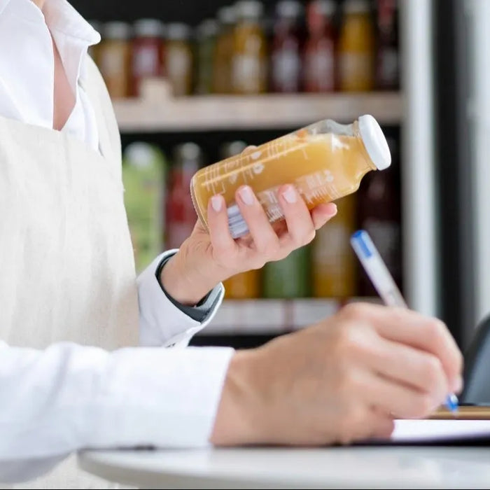 Butiksanställd kontrollerar och dokumenterar produkter som del av HACCP-rutiner i livsmedelsbutik