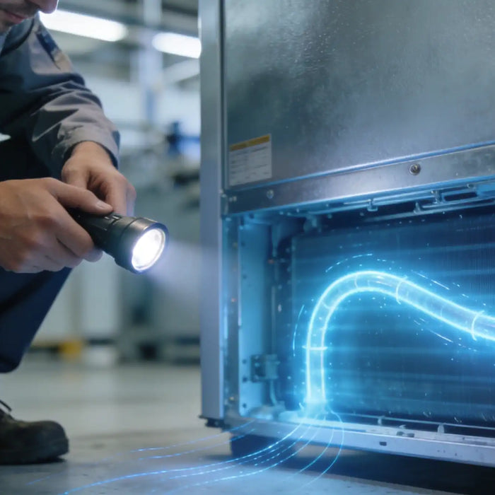 Tekniker inspekterar ett hermetiskt slutet kylaggregat med ficklampa i industriell miljö