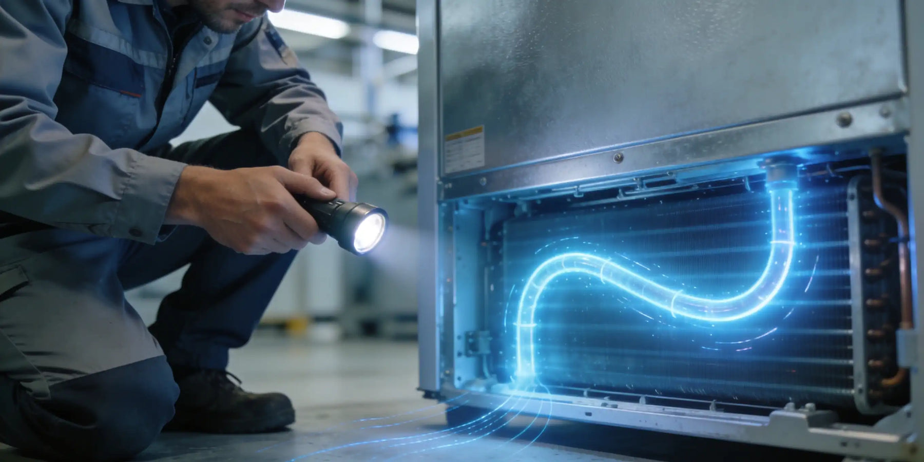 Tekniker inspekterar ett hermetiskt slutet kylaggregat med ficklampa i industriell miljö