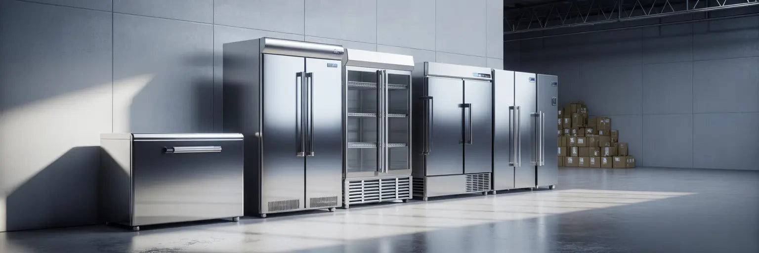 Stora rostfria industrifrysar i ljus lagerlokal, visar robusta modeller.