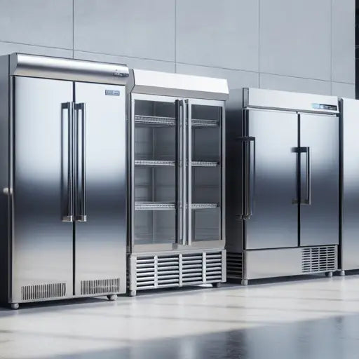 Stora rostfria industrifrysar i ljus lagerlokal, visar robusta modeller.