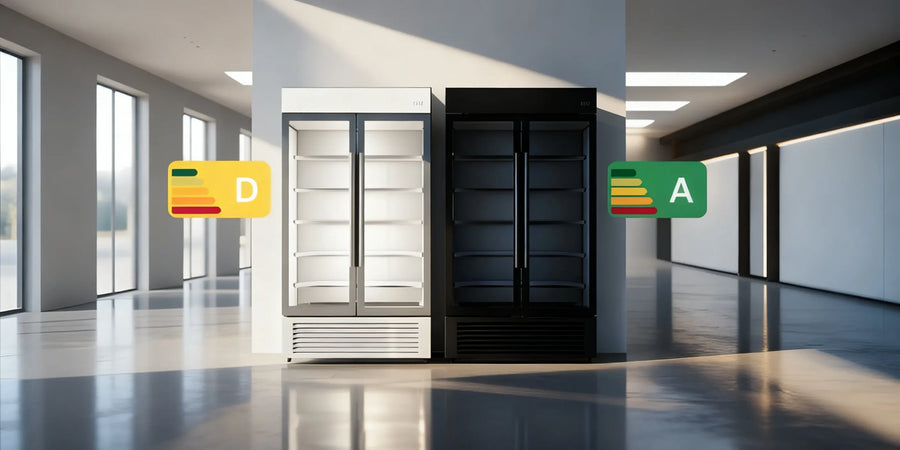 Två kylskåp med kyl energiklass D och A som visar skillnad i energieffektivitet