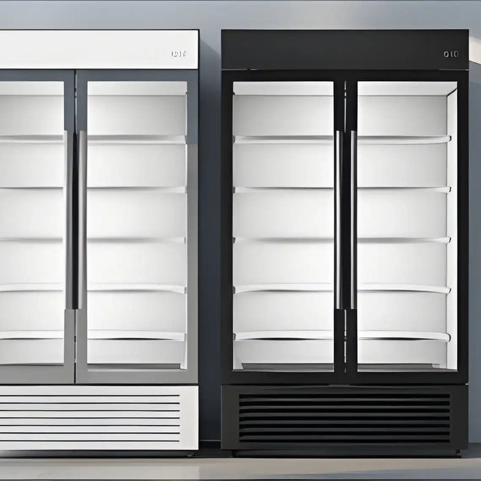 Två kylskåp med kyl energiklass D och A som visar skillnad i energieffektivitet