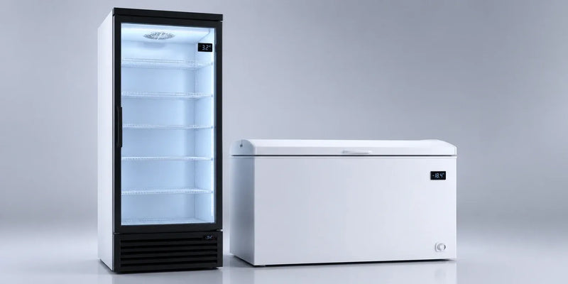 Kyl och frysbox med digital temperaturmätare som visar 3,2 och minus 18,4 grader