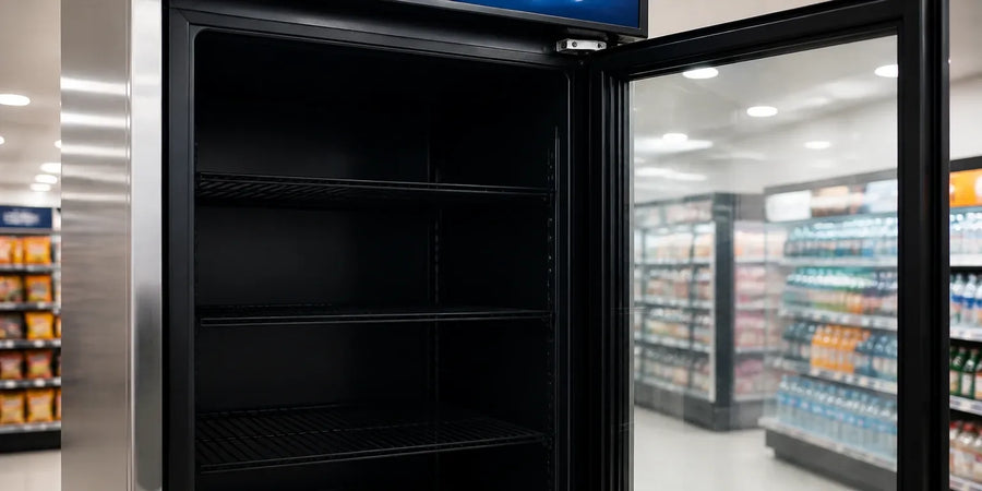 Kyl med helt släckt LED-belysning i butiksmiljö, innan byte av lampa