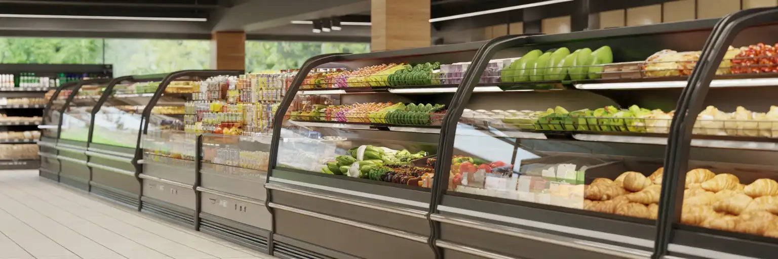 Olika kylmontrar med frukt och grönsaker