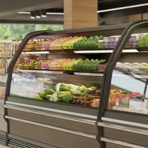 Olika kylmontrar med frukt och grönsaker