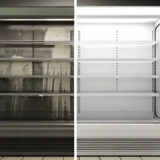 Smutsig och ren kylmonter före och efter rengöring