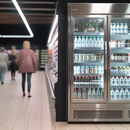 Fristående kylskåp med glasdörr placerat i butiksmiljö med tydlig produktvisning