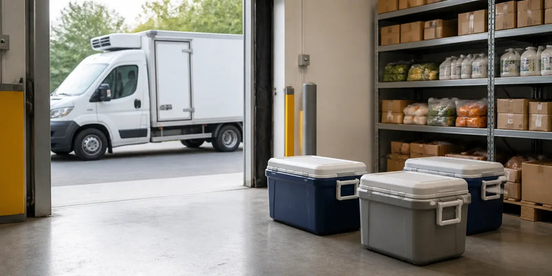 Kylboxar i ett lager med en kyllastbil synlig genom lastporten, redo för transport av kylvaror