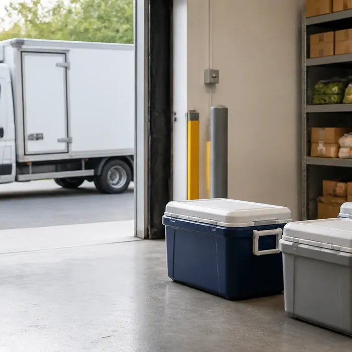 Kylboxar i ett lager med en kyllastbil synlig genom lastporten, redo för transport av kylvaror