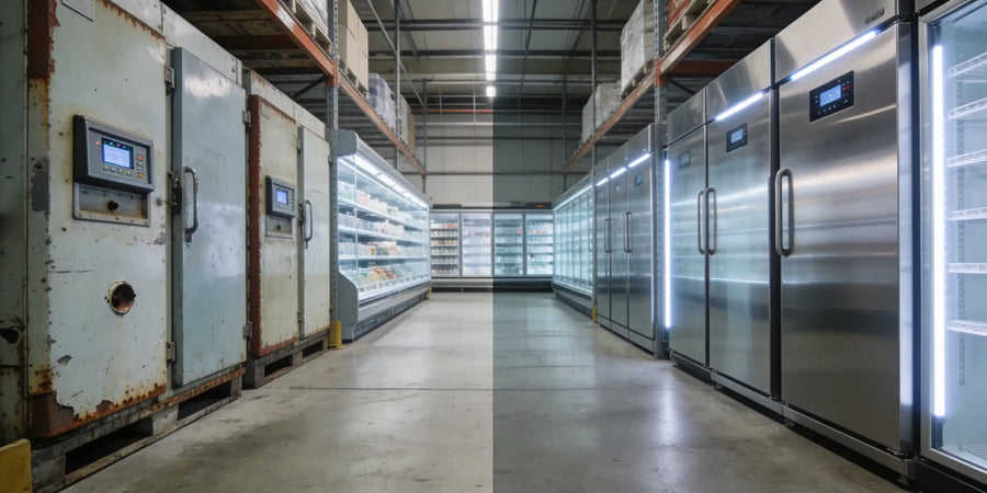 Lagergång med kommersiella kyl- och fryssystem i drift