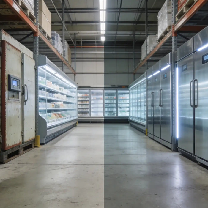 Lagergång med kommersiella kyl- och fryssystem i drift