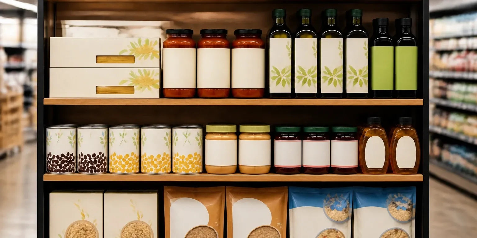 Butikshylla med konserverade tomater, olivolja och pastaförpackningar snyggt frontade