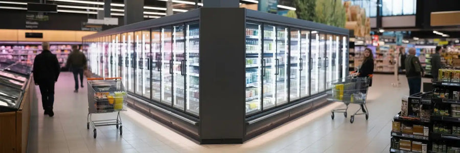 Klar butiksexponering med kylar som har olika produkter och varor