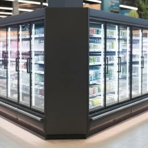 Klar butiksexponering med kylar som har olika produkter och varor