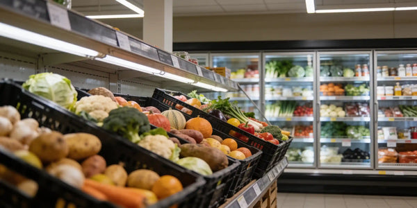 Matsvinn i butik, backar med frukt och grönsaker framför kyldiskar i en livsmedelsbutik