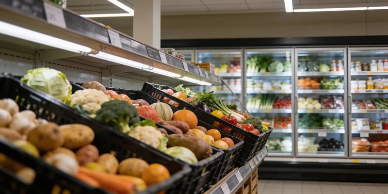 Matsvinn i butik, backar med frukt och grönsaker framför kyldiskar i en livsmedelsbutik