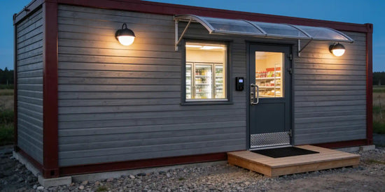 Obemannad butik på landsbygden en kväll, med upplysta kylar i fönstret, kodläsare vid dörren och en trätrappa framför entrén