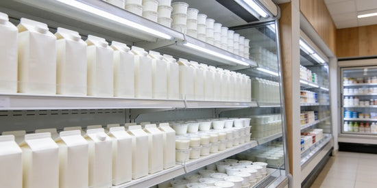 Öppen mejerikyl med mjölkpaket och yoghurtbägare på upplysta hyllor