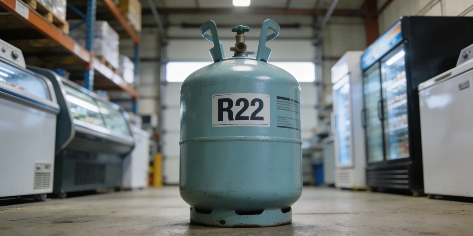 Gascylinder märkt R22 i ett lager med kylar i bakgrunden