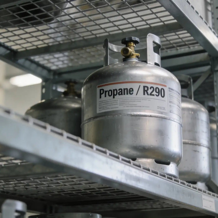 R290 propancylindrar märkta Propane / R290 på metallhyllor i industriellt lager